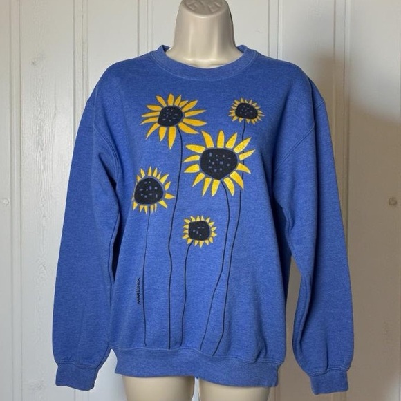 Marushka Tops - Marushka Women’s Blue Sunflower Field Graphic Crewneck Nature Sweatshirt SZ M
